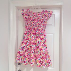 Small pink floral fit and flare dress with ruffled sleeves